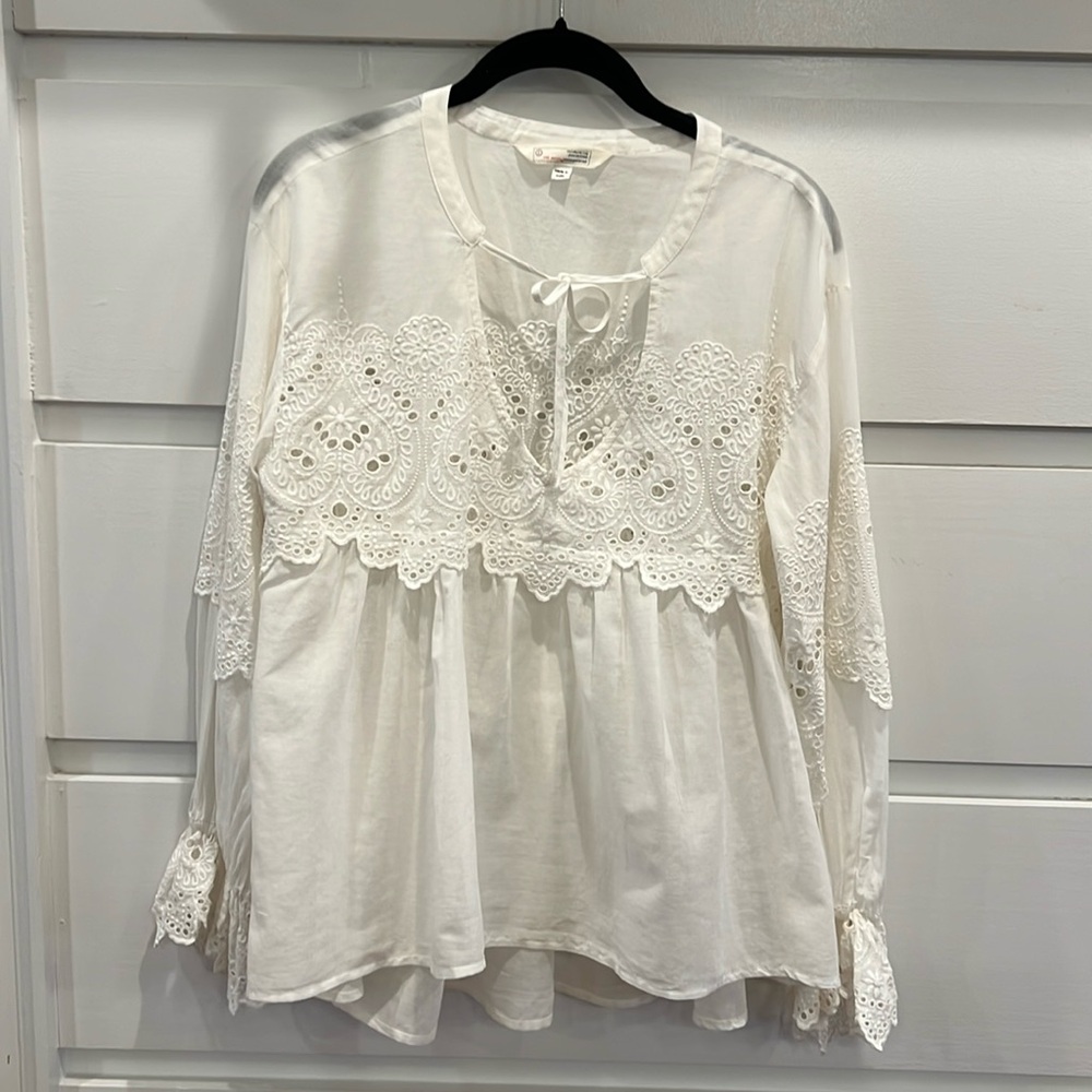 Odd Molly cotton blouse, embroidered lace. Peasant style, sheer fabric, beauty!